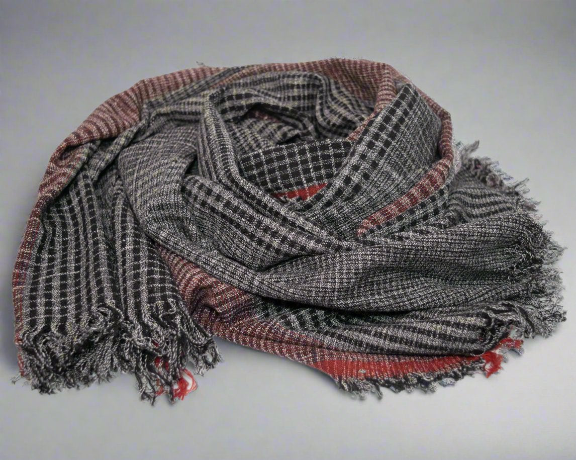 Black Plaid Cotton Scarf with Red Accents