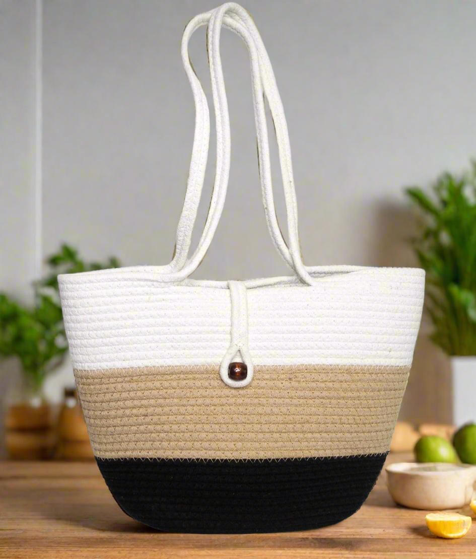 Black, White & Beige Cotton Rope Tote Bag