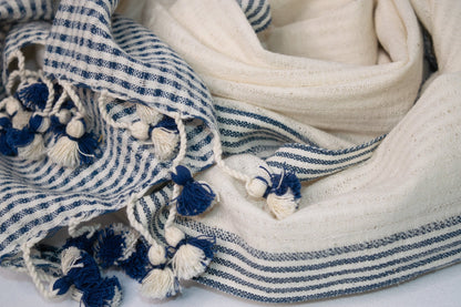 Ivory blue scarf with pom-pom fringe