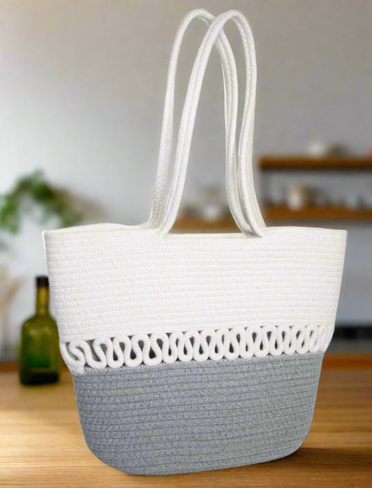 White Gray Woven Tote Bag