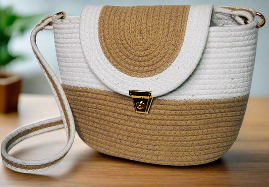 White & Natural Cotton Rope Shoulder Bag